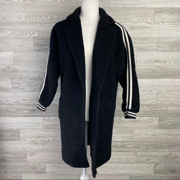 Ing2Ing Wool Blend Black & White Strip Long Coat - Picture 3 of 12